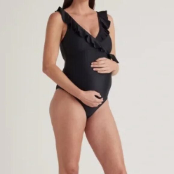 NWT Kindred Bravely Black Ruffle Wrap One Piece Nursing Maternity Swim Suit M - Picture 1 of 11